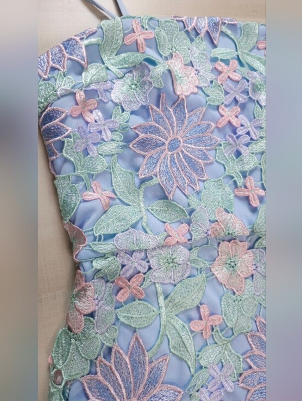 * New Pastel Embroidered Floral Lace Short Knee Cami Dress Green Pink Blue - Picture 9 of 14
